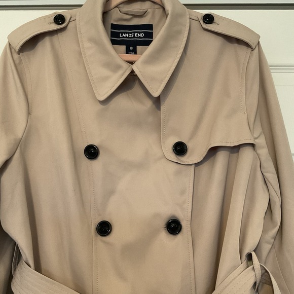 Lands' End Tan Rain Trench Coat Short Double Breasted Belted - Women's Size 18 - Picture 2 of 16